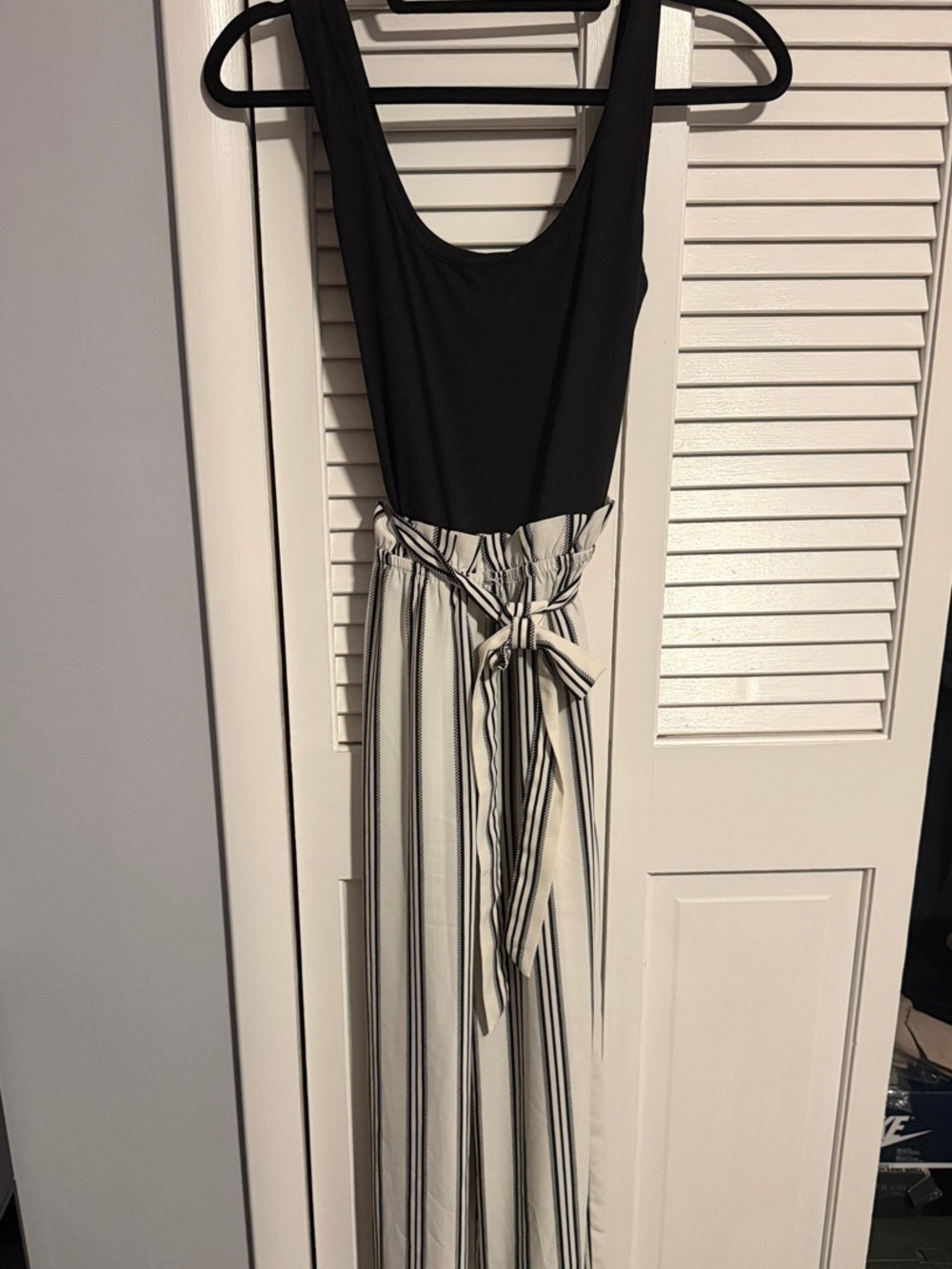 Black Tank Top Jumpsuit with Striped Wide-Leg Pants